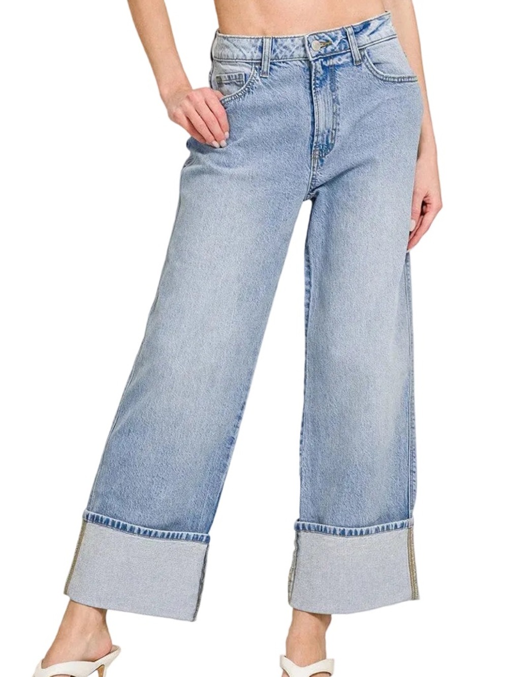 NWT🤍Zenana High Rise Cuffed Hem Wide Leg Relaxed Denim Jeans Size 28